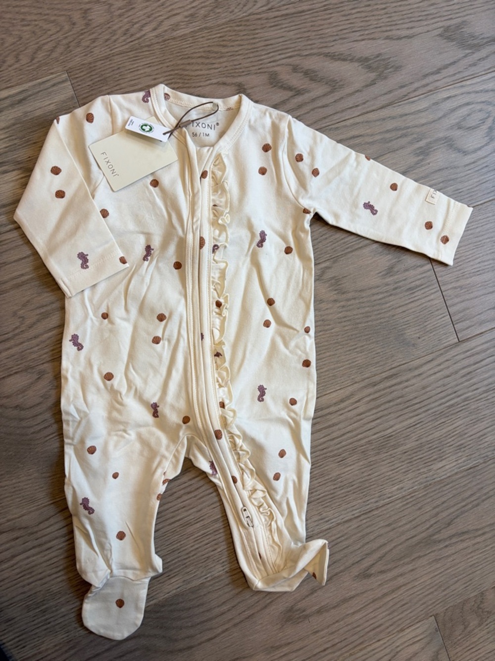 NWT ruffle Clothing Cream Footed One-Piece with Brown & Mauve Dot Accents | 0-3m